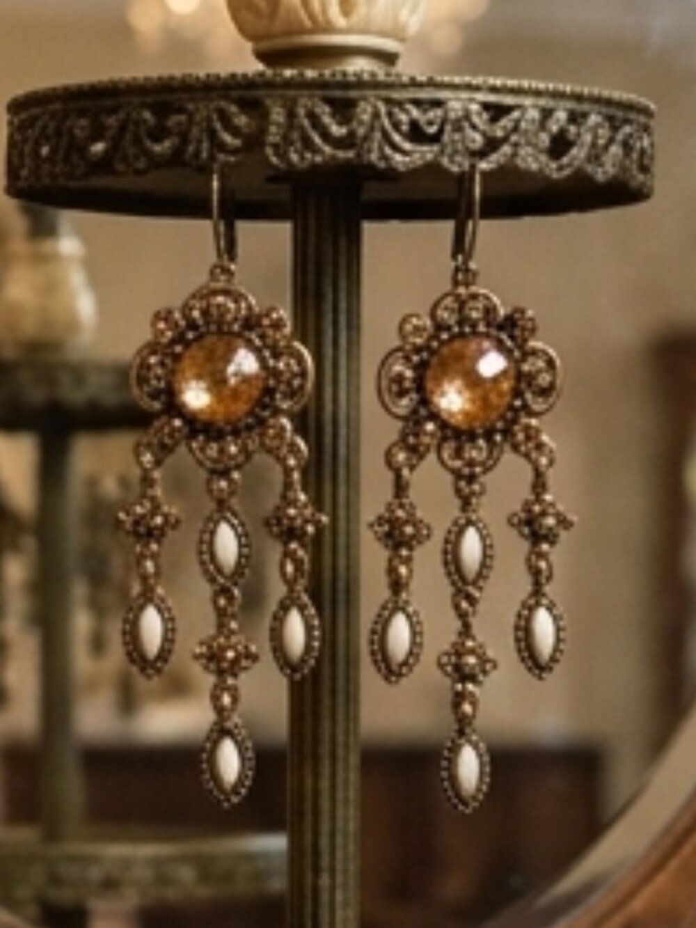Michal Negrin Amber Crystal & Cream Teardrop Dangle Earrings – Vintage-Inspired